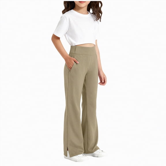 Yindaity Girls Leggings Size 7-8 Girls Flare Dress Pants Kids Bootcut School Uniform Slacks with Half Elastic Waist(Khaki,12-13 Years)