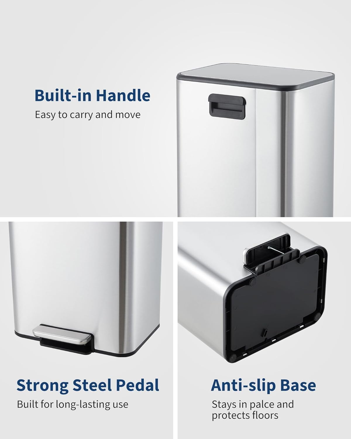 4 Gallon Bathroom Trash Can,Small Stainless Steel Garbage Can with Soft-Close Lid, Foot Pedal & Removable Inner Bucket, Rectangular for Home,Office,Silver