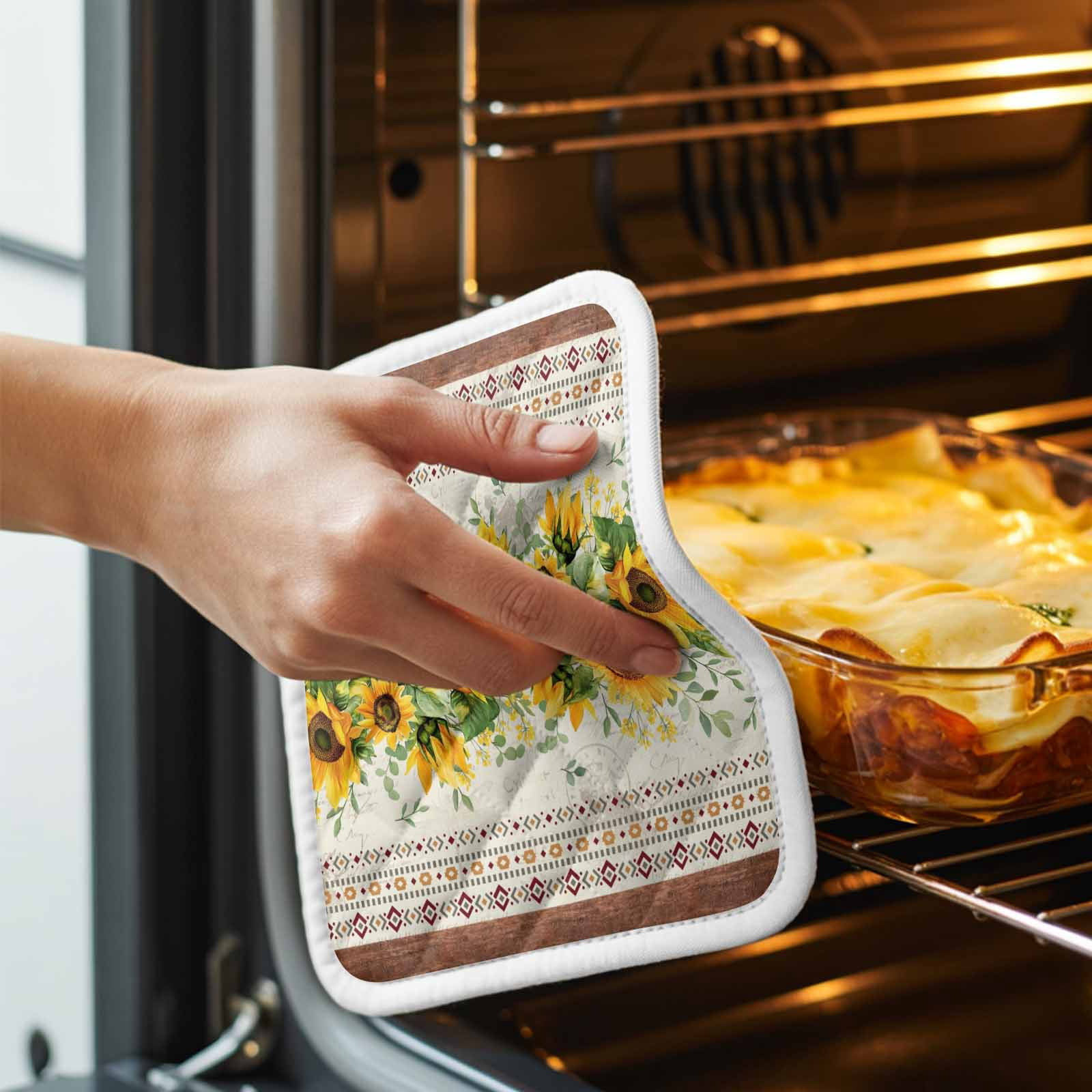Sunflower Brown Pot Holders for Kitchen Heatproof Potholder, 4 Pack Retro Southwest Country Plant Leaf Floral Hot Pads Multipurpose Oven Pads Cloth Potholders Trivet for Cooking and Baking