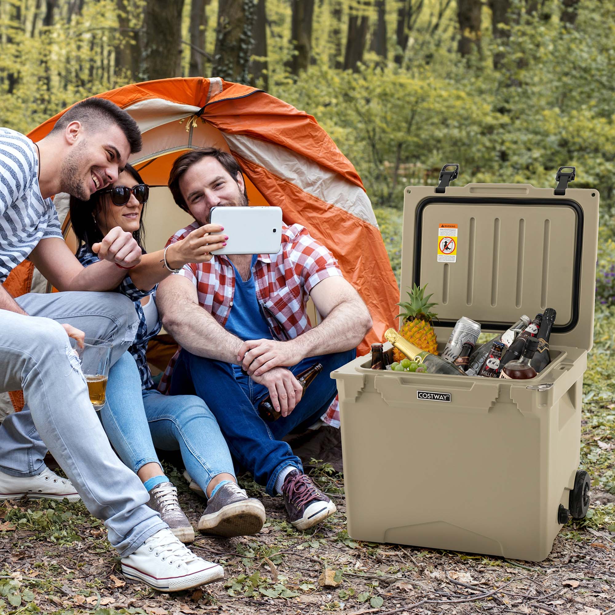 Costway 42 Qt Portable Cooler Roto Molded Ice Chest Insulated 5-7 Days with wheels Handle Tan
