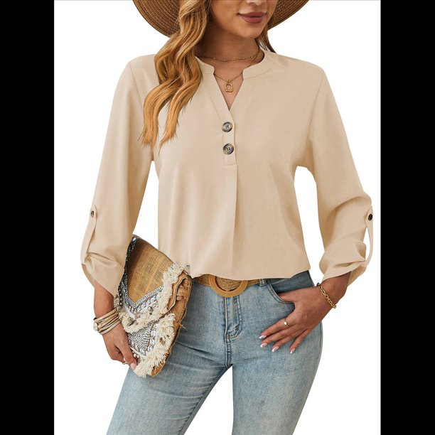 Camisas Holgadas de Larga Tipo Farol para Mujer, Blusas con Puños Fruncidos para el Trabajo, Blusas de Otoño. Albaricoque S