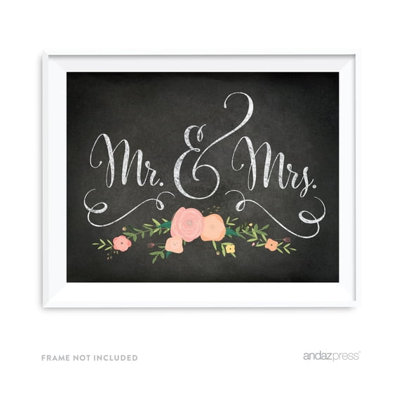 Mr. & Mrs. Chalkboard & Floral Roses Wedding Party Signs