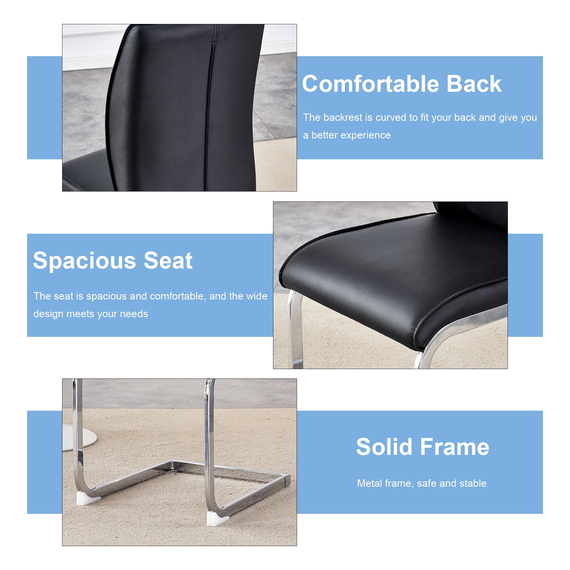 Luxury Simple Arch Chair - Set of 4 Black PU Material High Resilience Dining Chair with Arched Metal Silver Leg.