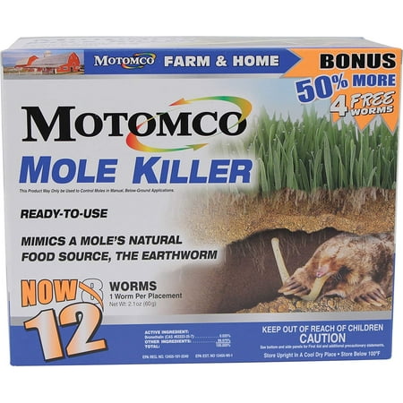 008-34310 198880 Mole Killer Ready to Use Bonus, 12 Worm Box, Scientifically designed and tested to mimic a mole's natural food source By Motomco