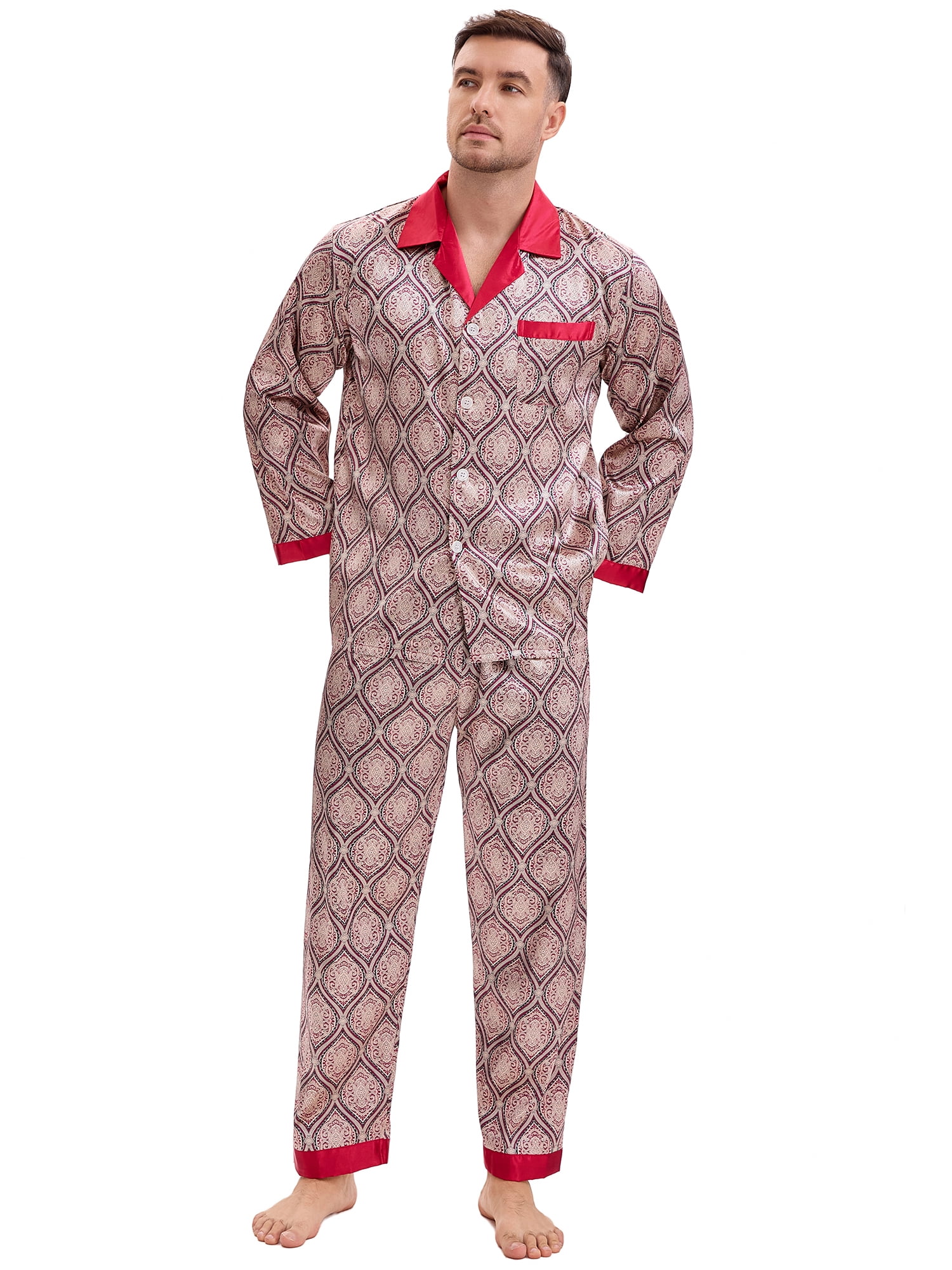 DARING DIVA Men's 2-Piece Button Down Printing Sleepshirt Pajamas Set M Red Gray