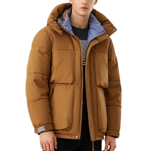 Donemore Men's Thickened Hooded Puffer Coat with Zipper Pockets Outdoor Casual Jacket