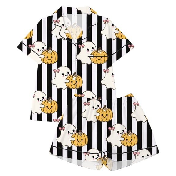 SJLDQY Girls' Halloween Pajama Sets Ghost Pumpkin Print Short Sleeve Shirts and Shorts 2 Piece Pj Sets Casual Sleepwear Button Down Loungewear Sets