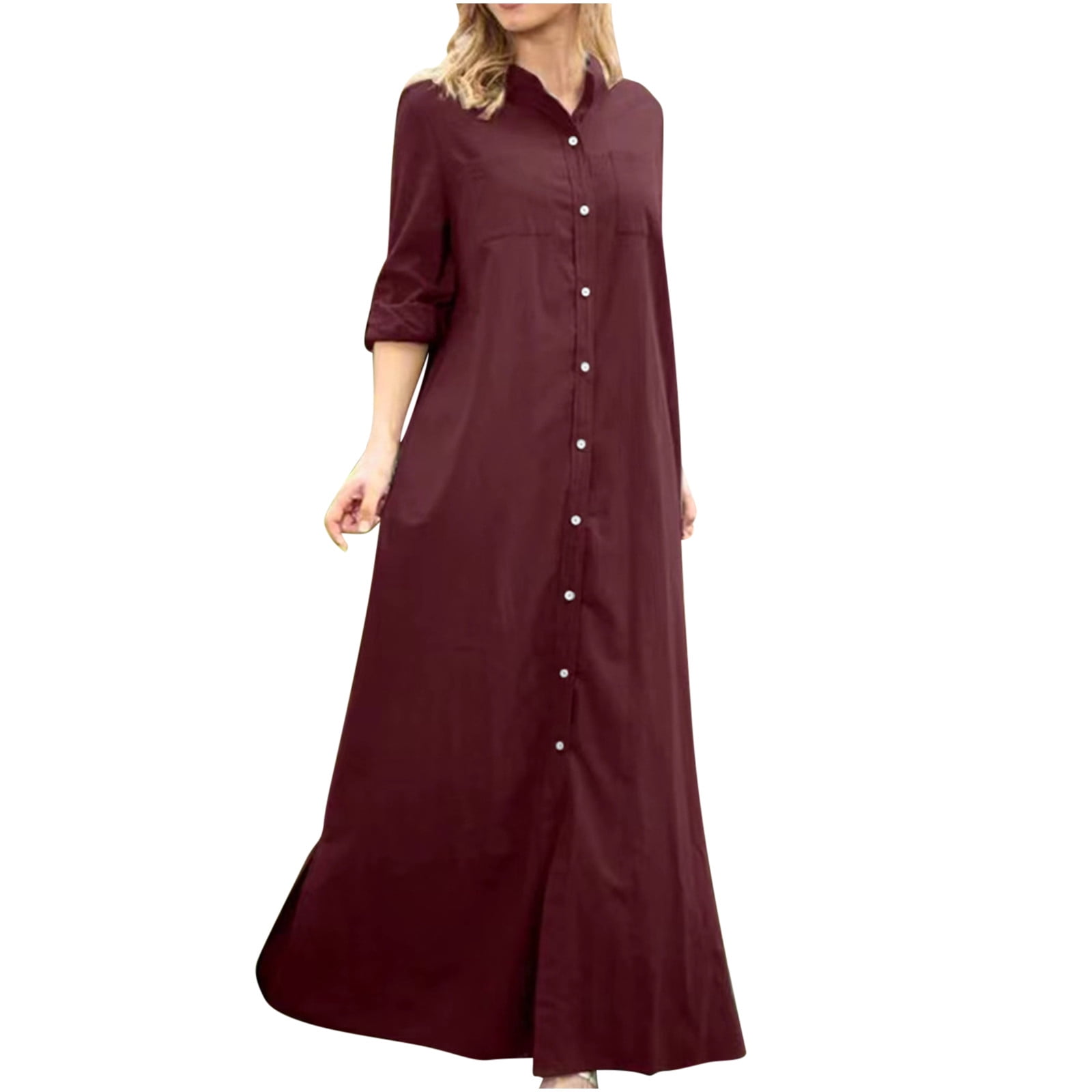 Bowake Women s Button Down Shirt Dress Lapel Long Sleeve Maxi Dresses Solid Casual Plus Size Ladies Fall Spring Long Dress Red