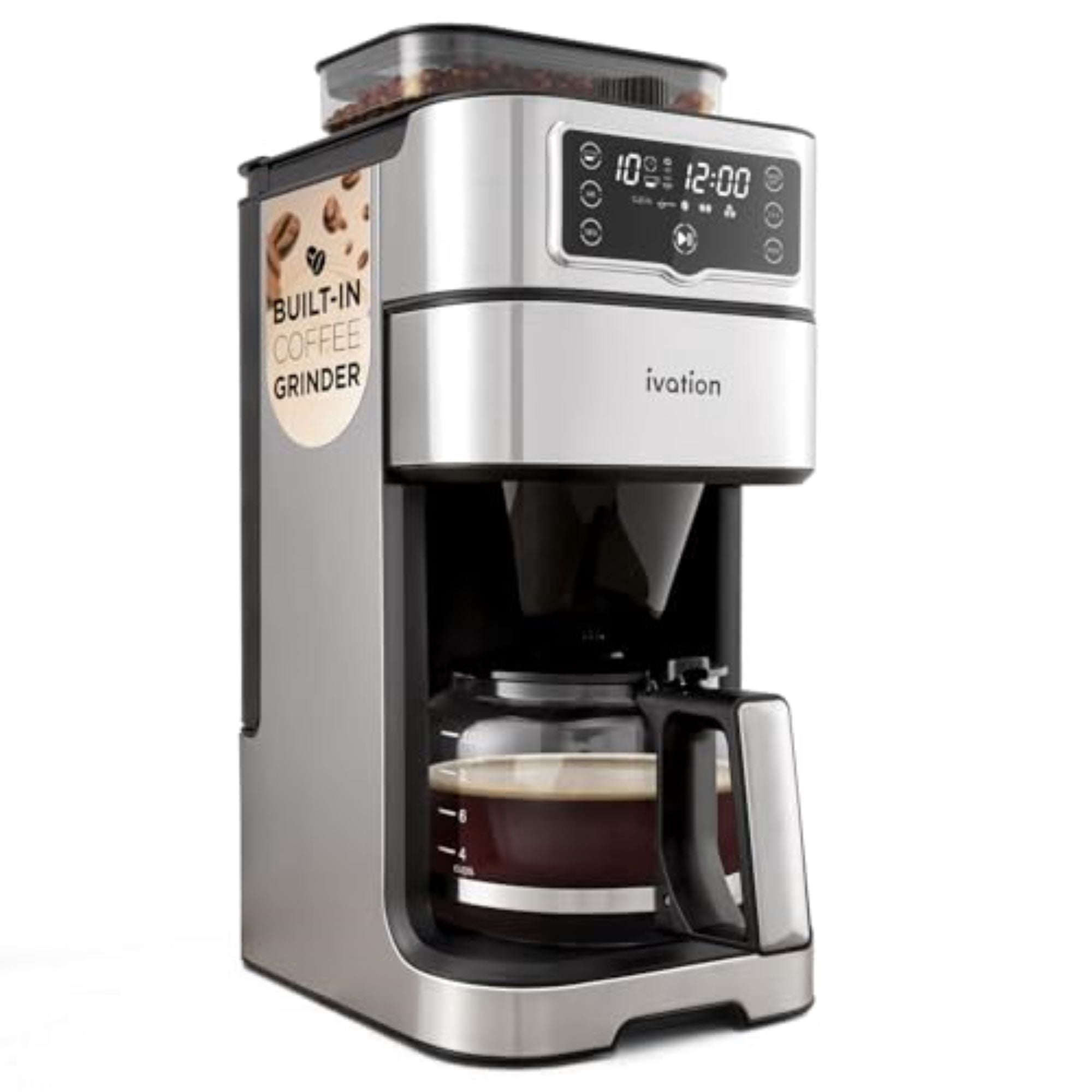 Ivation 2-in-1 Drip Coffee Maker & Grinder – 10 Cup, Auto Brew, Timer, 1.5L Tank, Reusable Filter.