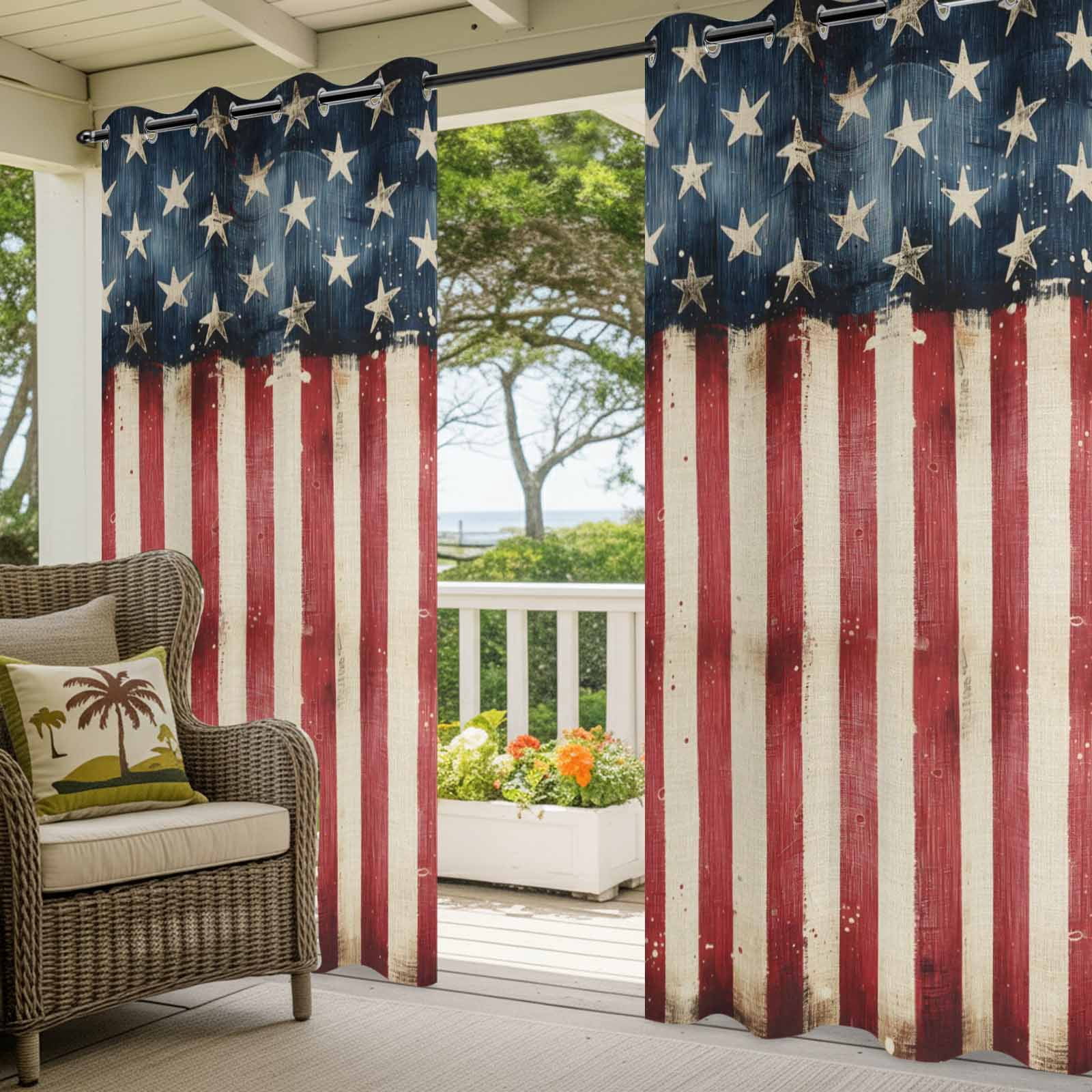 Retro American Flag Outdoor Curtains for Patio, 4th of July Independence Day USA Flag Sunshade Privacy Drapes Grommet Waterproof Outside Curtains for Porch/Cabana/Balcony 54"x 108", 1 Panel