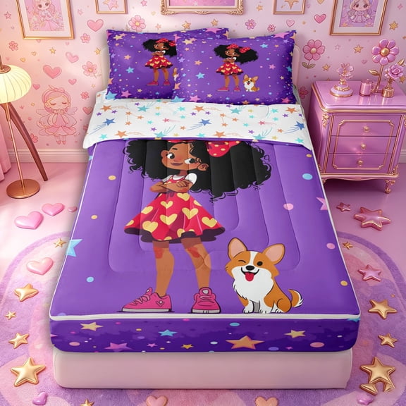 Castle Fairy Cute Black Girl Zipper Twin Comforter Sets with Fitted Sheet and 2 Pillowcases,Cartoon Dog Stars Print Zipper Bedding Set,Violet Red Orange,4-Piece