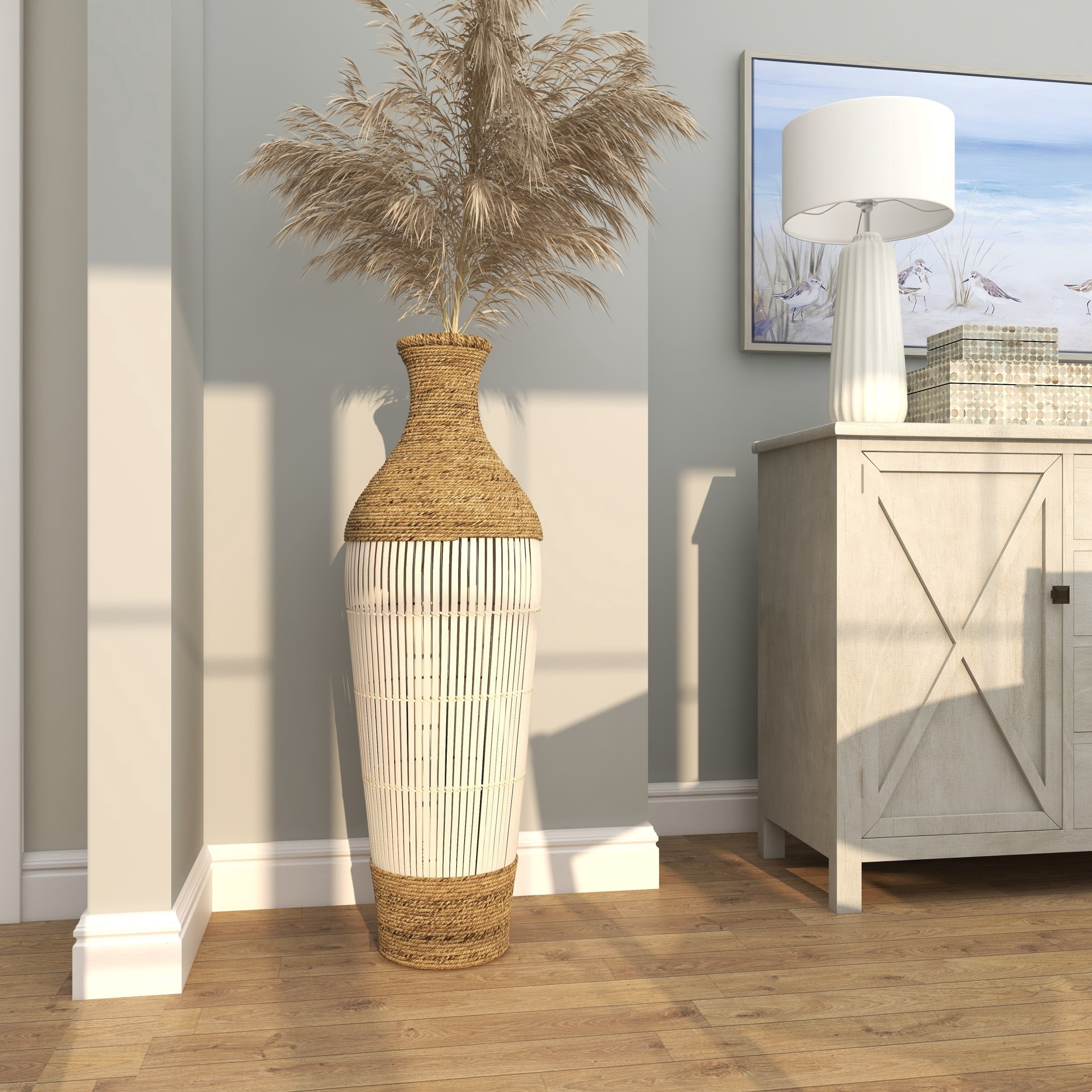 DecMode 40" Handmade Wrapped Tall Floor Brown Seagrass Vase with Cream Slatted Bamboo Center