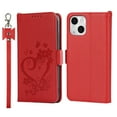 thumbnail image 3 of TECH CIRCLE for iPhone 13 Mini 5.4 Inch Wallet Case with Wrist Strap, Card Holder Flip Cover Embossed Clover Flower PU Leather Magnetic Kickstand with Hand Strap Case Cover,Red, 3 of 6