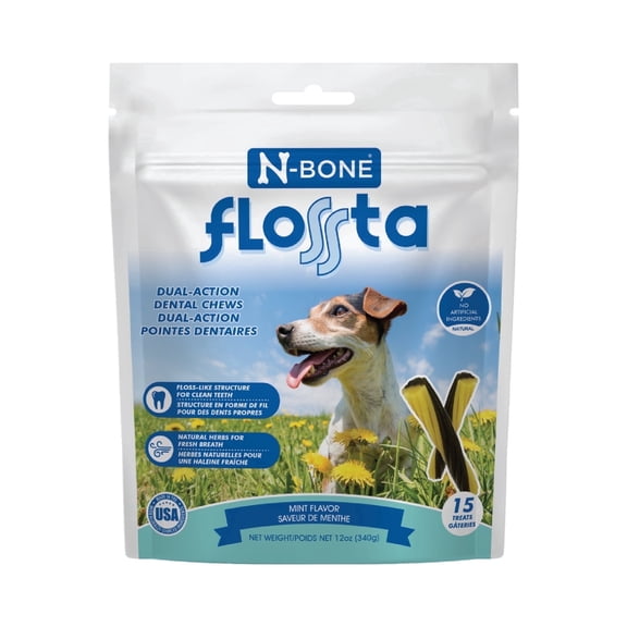 N-Bone® FLOSSta® Dental Chews for Dogs, Mint Flavor, 15 count, 12 oz, Natural, No Dyes, Grain-Free, Breath Freshening, Plaque & Tartar Control, Digestible Teething Aid