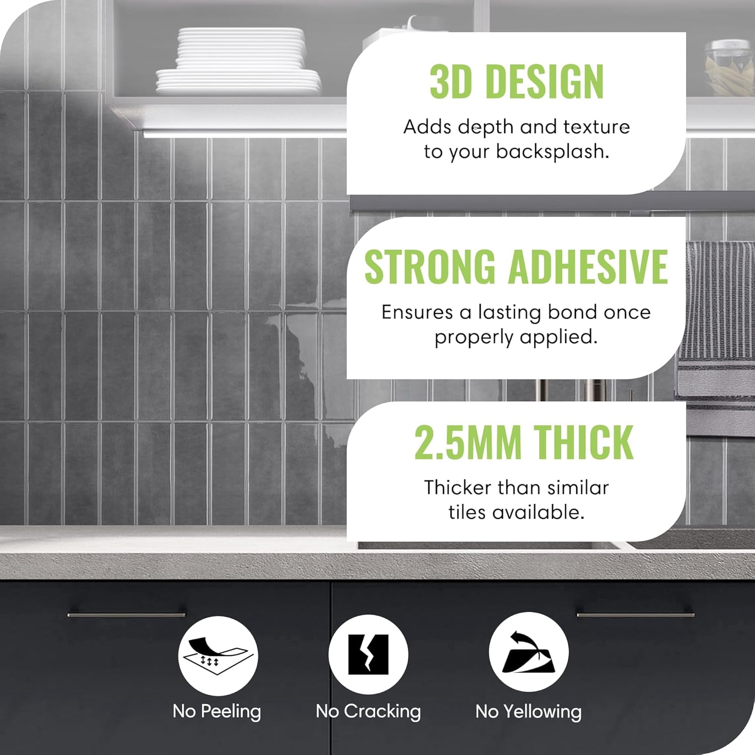 5 Pack Peel and Stick Backsplash Subway Tiles, Extra Thick 3D Wall Panels, Heat & Water Resistant, Easy DIY Kitchen, Bathroom, Laundry, Fireplace & Rental Home Wall Décor (12 x 12 in), Green