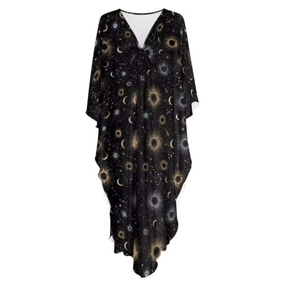 Xoenoiee Moon Star Pattern Plus Size Kaftan Dress for Women, Oversized V-Neck Batwing Sleeve Boho Swimsuit Cover Up Maxi Beach Resort Caftan