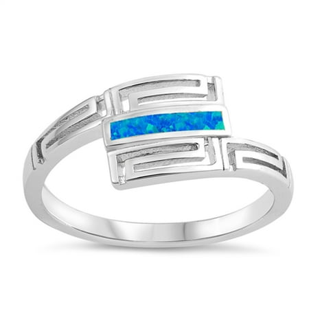 925 Sterling Silver Greek Key - Blue Simulated Opal Greek Key Criss Cross Ring ( Sizes 5 6 7 8 9 10 ) New 925 Sterling Silver Band Rings by Sac Silver (Size 7)