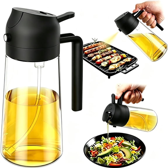 16oz/470ml Glass Olive Oil Sprayer for Cooking 2 in 1 Olive Oil Dispenser Bottle for Kitchen Gadgets and Air Fryer Accessories, Salad, BBQ,Black