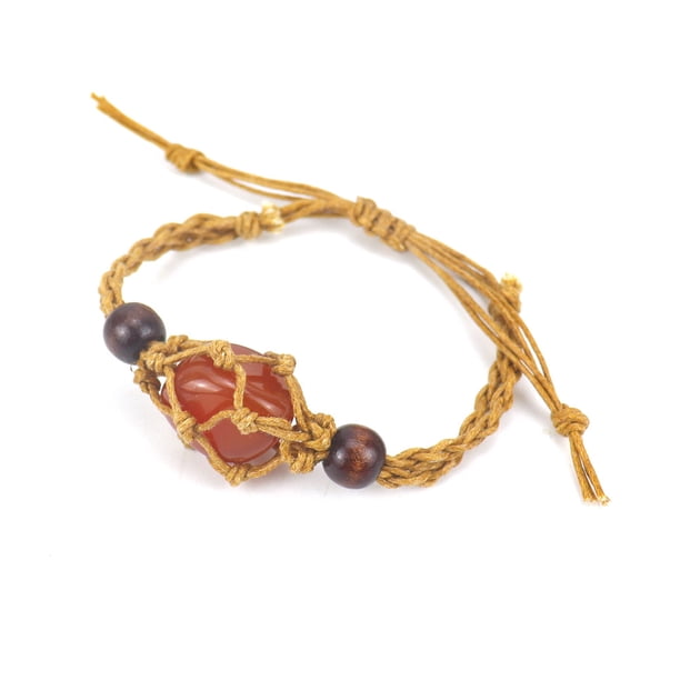 Xiao Hua Pulsera de cuentas hecha a mano, ideal para hombres y mujeres, tejida a mano con piedra natural marrón, con bolsa de malla ajustable y elástica (roja).