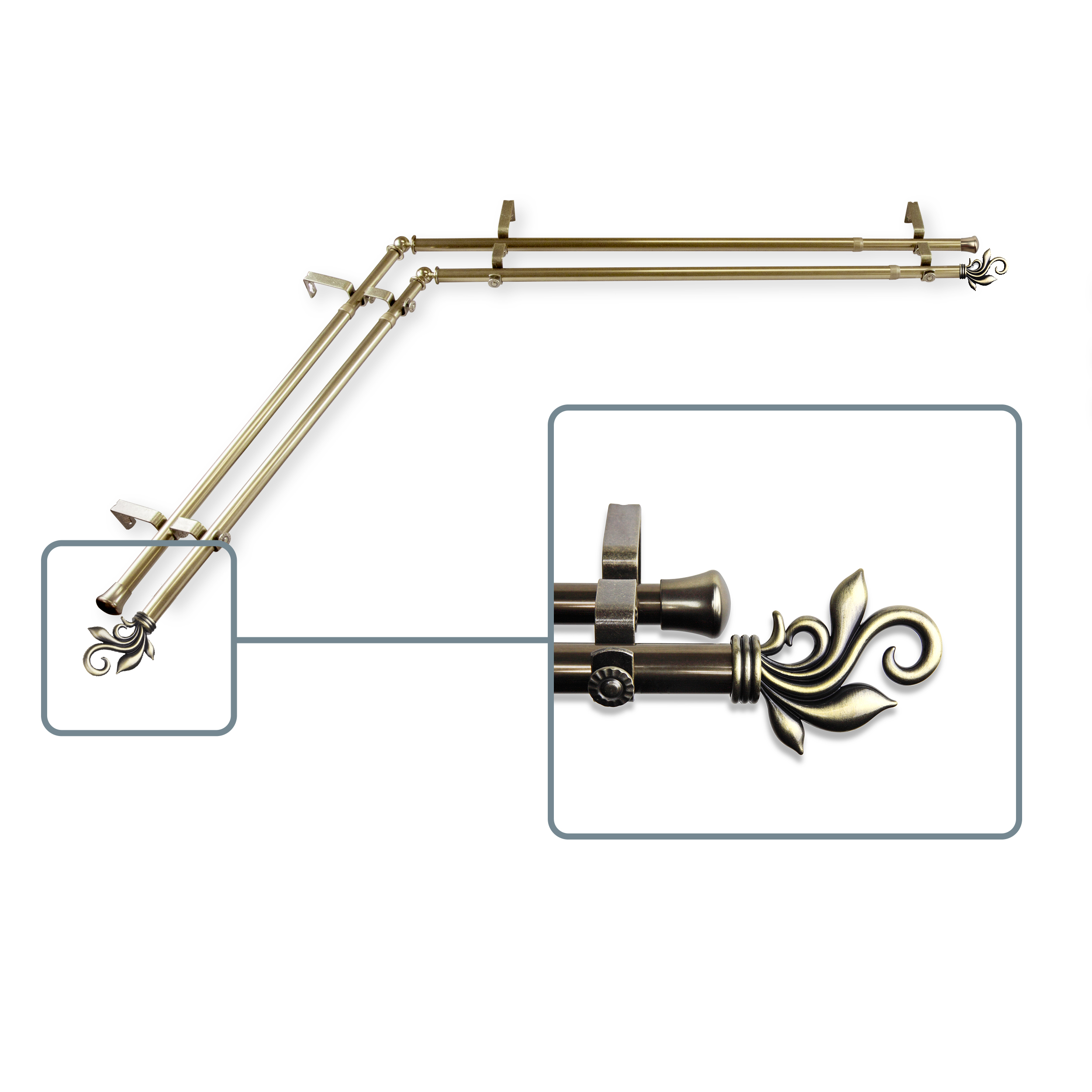 Giles 13/16 inch Double Corner Window Curtain Rod 48-84" - Antique Brass