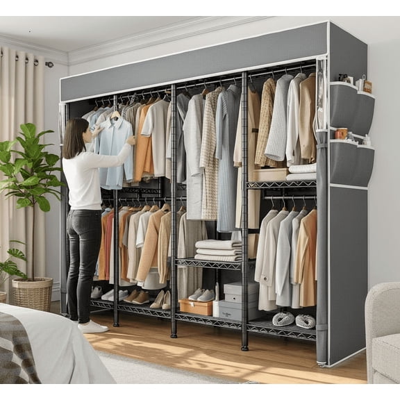 EnHomee 76"W Clothes Rack with Cover,1100LBS Heavy Duty Wardrobe Closet Organizer,Adjustable Portable Closet for Bedroom Storage,Black