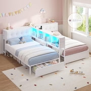 Double Twin Bed Frame for 2, Metal Corner Bed Frame with Storage Bookcase Divider & LED Lights & Charging Station, Daybed with Headboard and 2 Drawers, Twin Size Platform Beds for Teens, White
