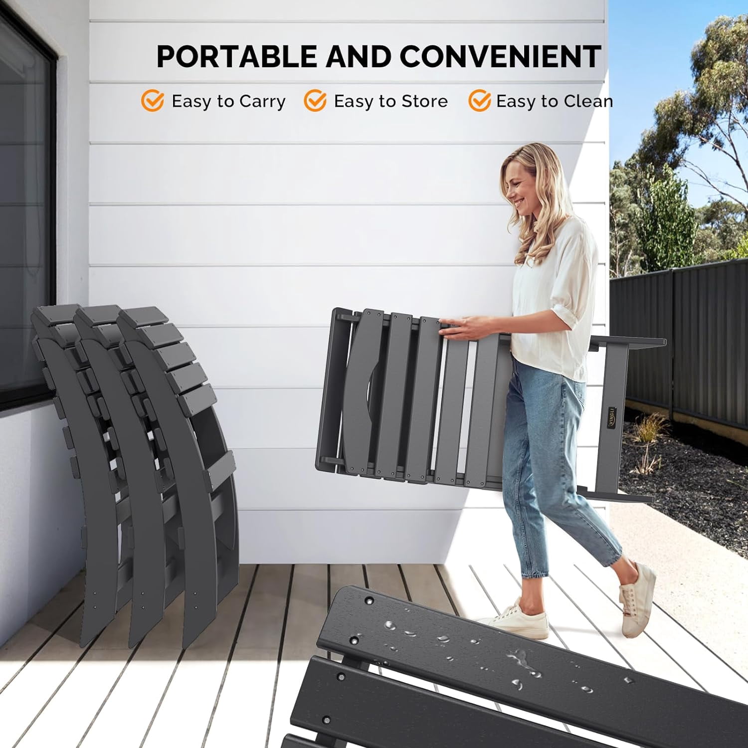 FeGemax Portable Adirondack Chairs, Folding Plastic Adirondack Chair for All Weathers, Outdoor Fire Pit Chairs for Patio Poolside Porch Beach, Capacity 350 LBS, Black