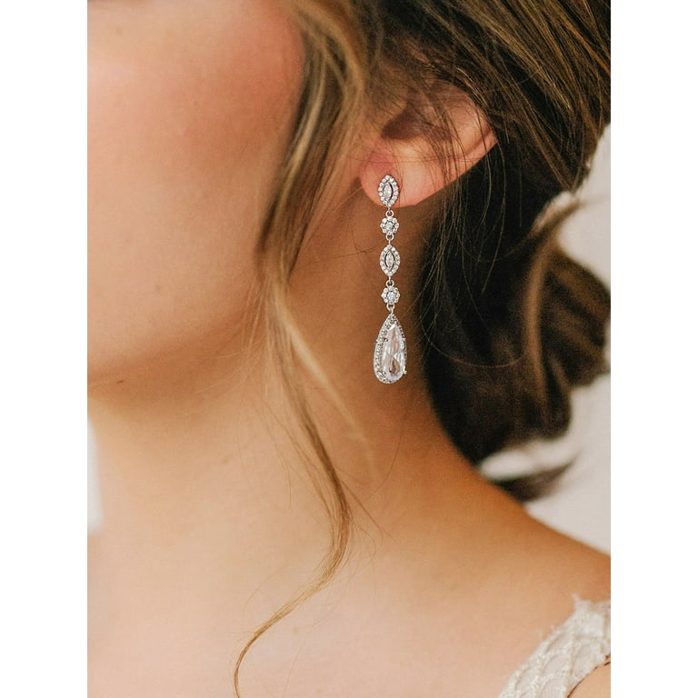SWEETV Long Pear Shaped Wedding Birdal Earrings for Brides Bridesmaids Crystal Chandelier Dangle Drop Earrings for Women Prom
