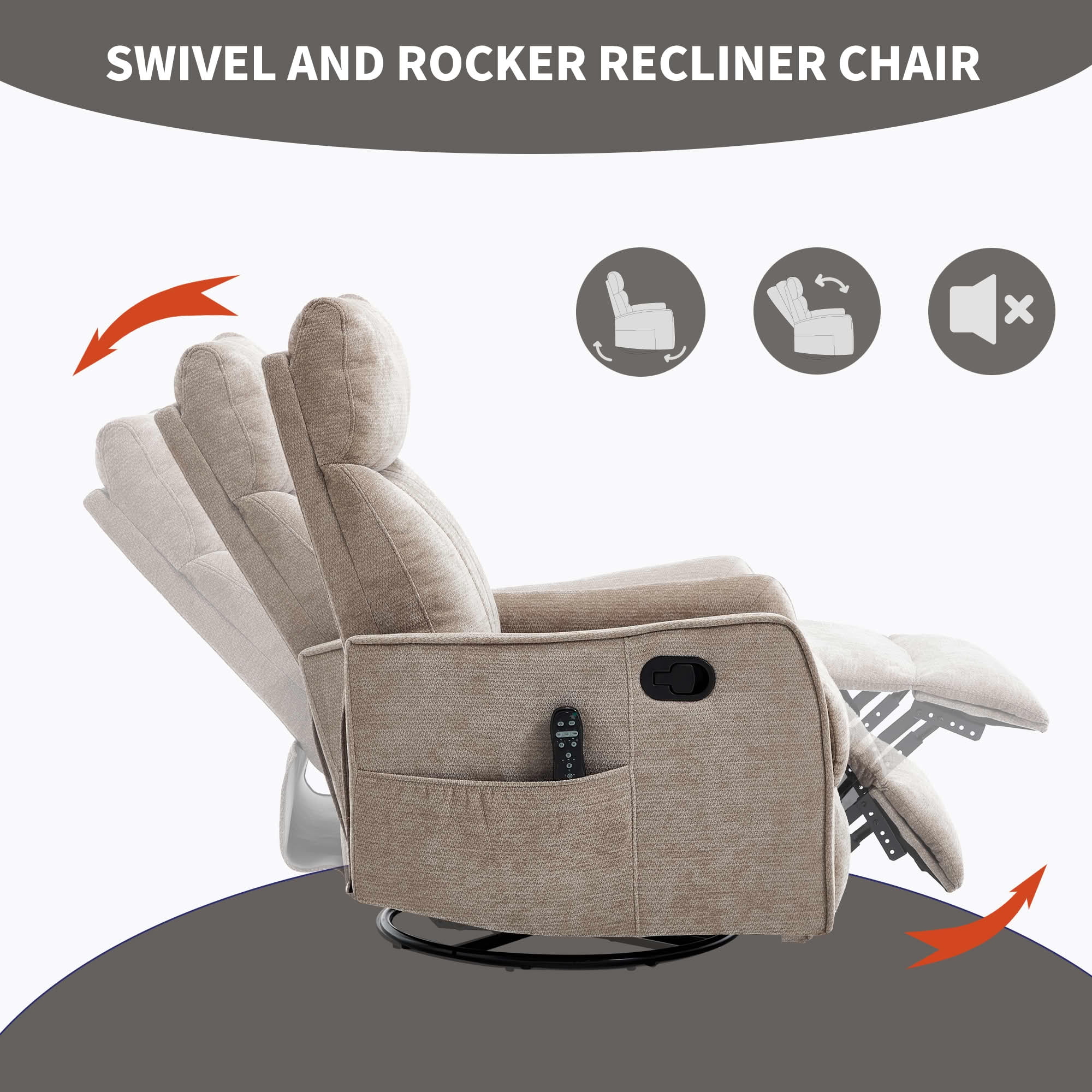 MAYEERTY Faux Leather Heat Massage Recliner Chair, 360° Swivel Rocker 26"x35"x39" for Living Room, Dark Brown