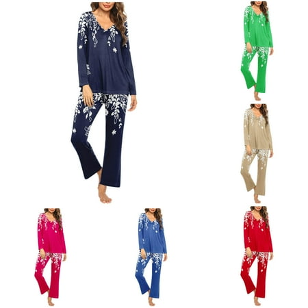 VBTAPA Womens 2 Piece Pjs Pants Set Floral Print Pajama Sets Long Sleeve V Neck Tunic Tops and Straight Leg Long Pants Matching Lounge Set Soft Sleepwear Home Wear Deals of The Day Green XL