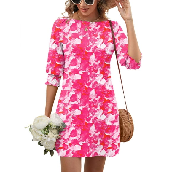 Vestido LUYAA Vacation 2025 rosa con estampado floral de manga 3/4 para mujer