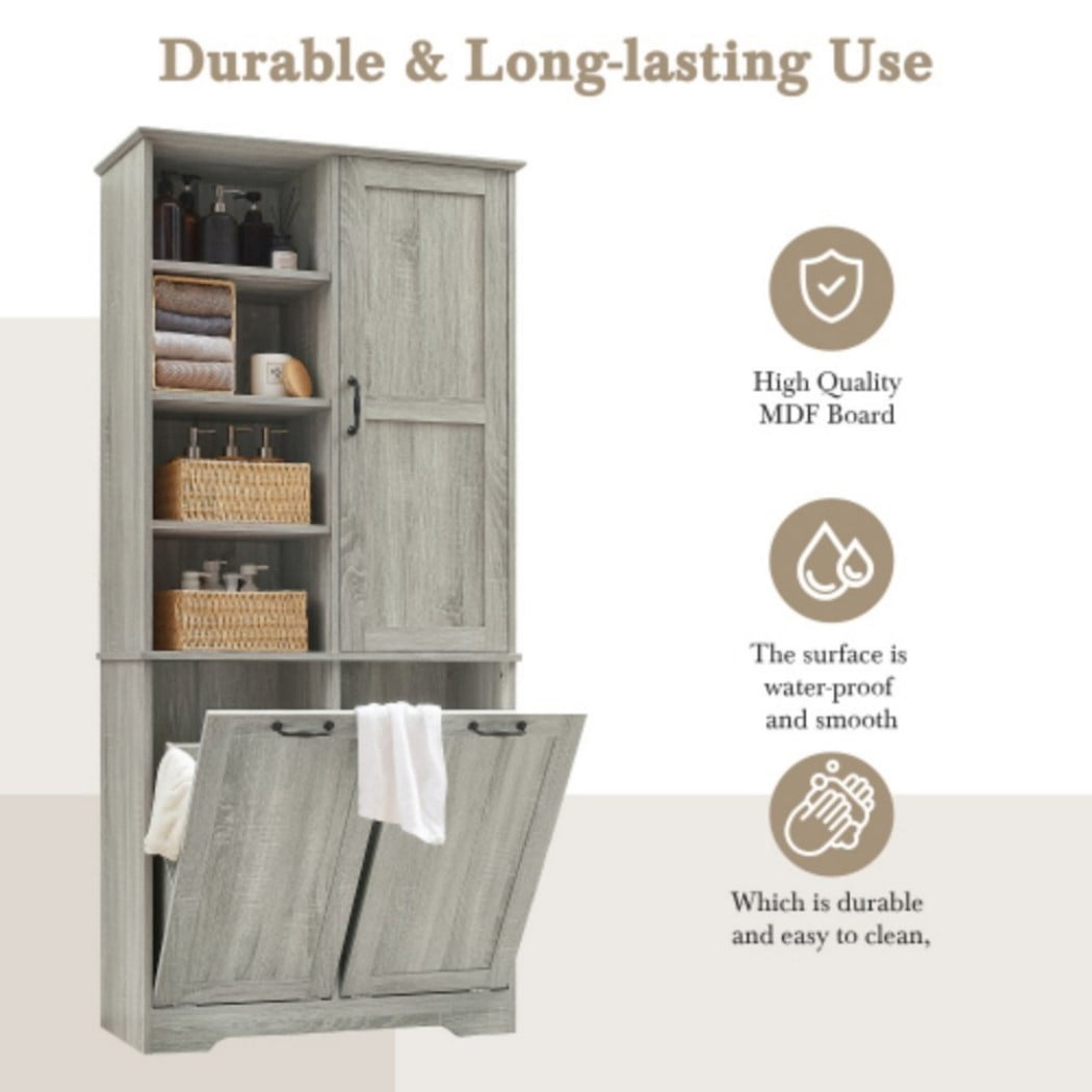 Bathroom Storage Cabinet with Doors and Drawers, Tall Laundry Hamper Cabinet with 2 Tilt-Out Baskets, Adjustable Shelves, Open Storage, Light Oak