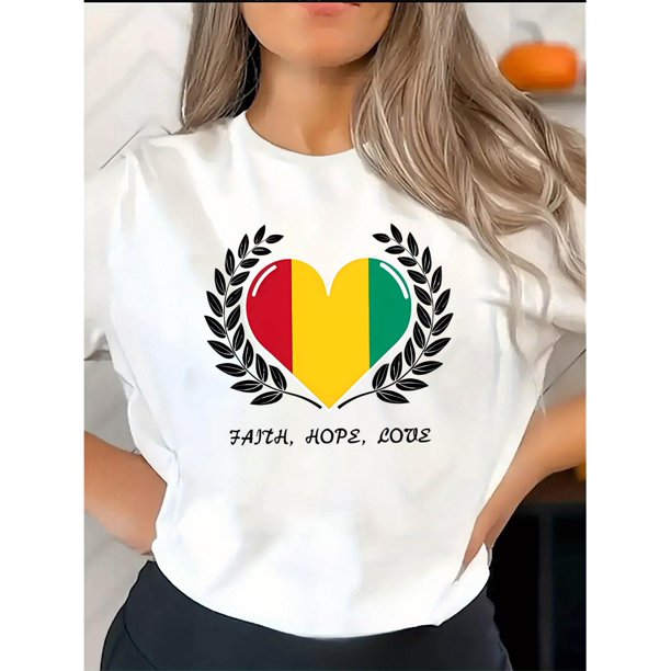 Camisetas para mujer Verano manga corta Tops para DeportesWomen'S Casual Polyester T-Shirt with Geometric Patriotic Heart Print, Crew Neck, Short Sleeve, Medium Stretch, All-Season Comfort, 95% Poly