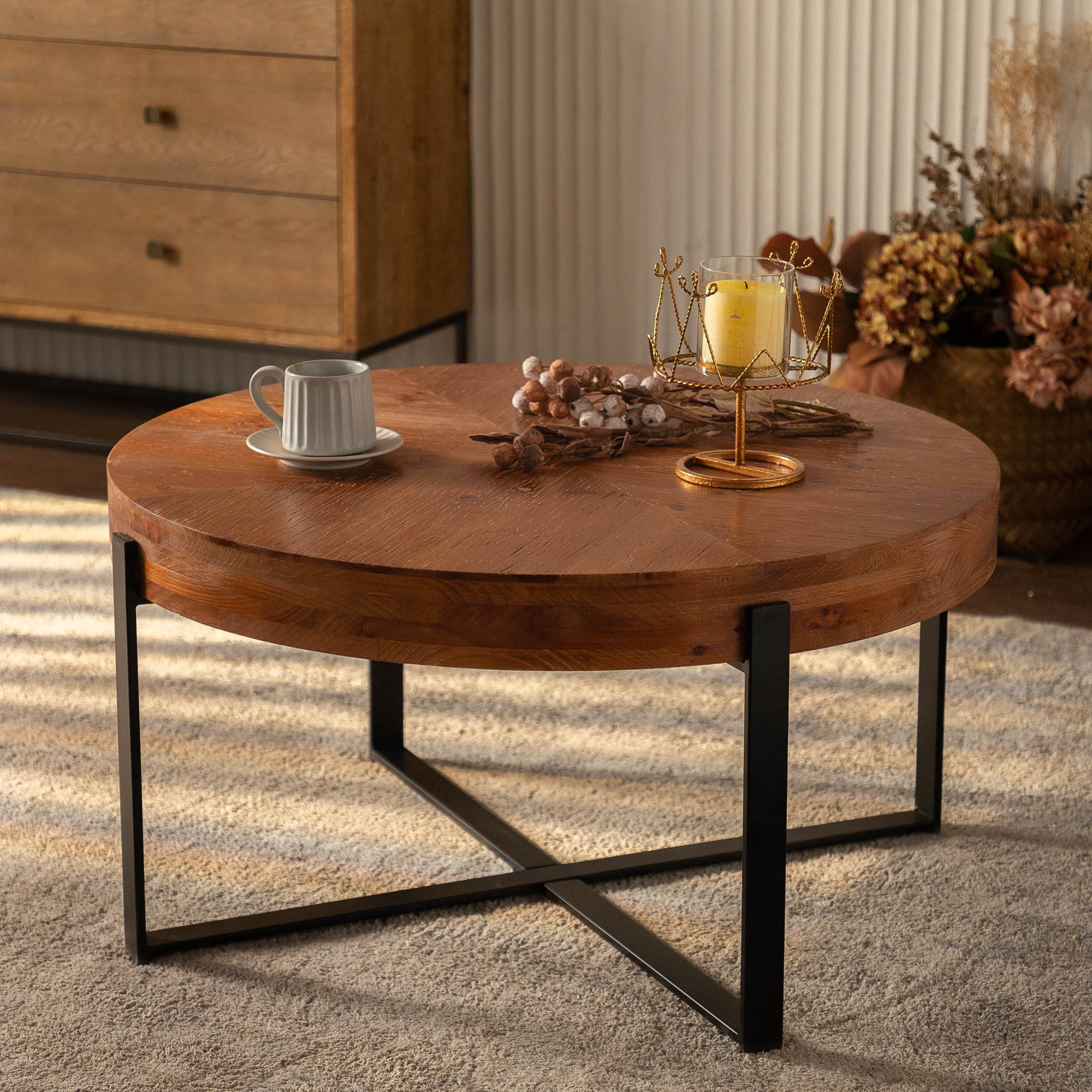 Shunda K Modern Round Wood Coffee Table with Metal Legs, Brown/Black