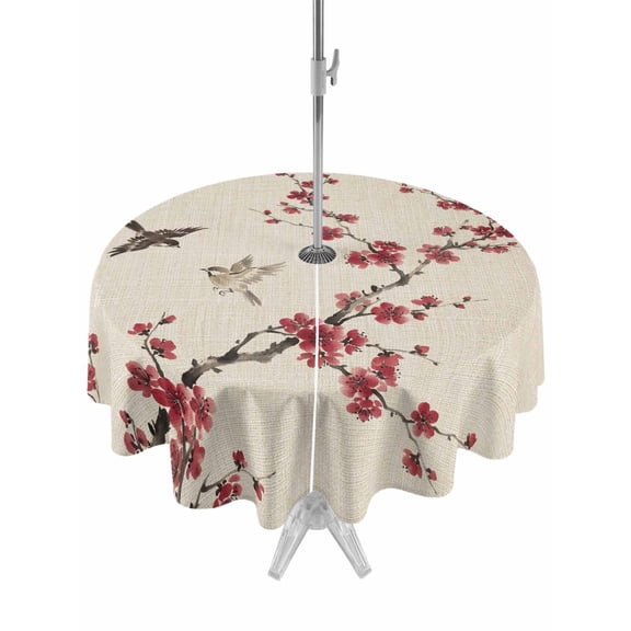 Outdoor Tablecloth with Umbrella Hole for Patio/Picnic/Party/Camping, Spring Cherry Flowers Waterproof Table Cloth Round Cover Washable, Retro Country Floral Birds Plants Beige (Dia 60")