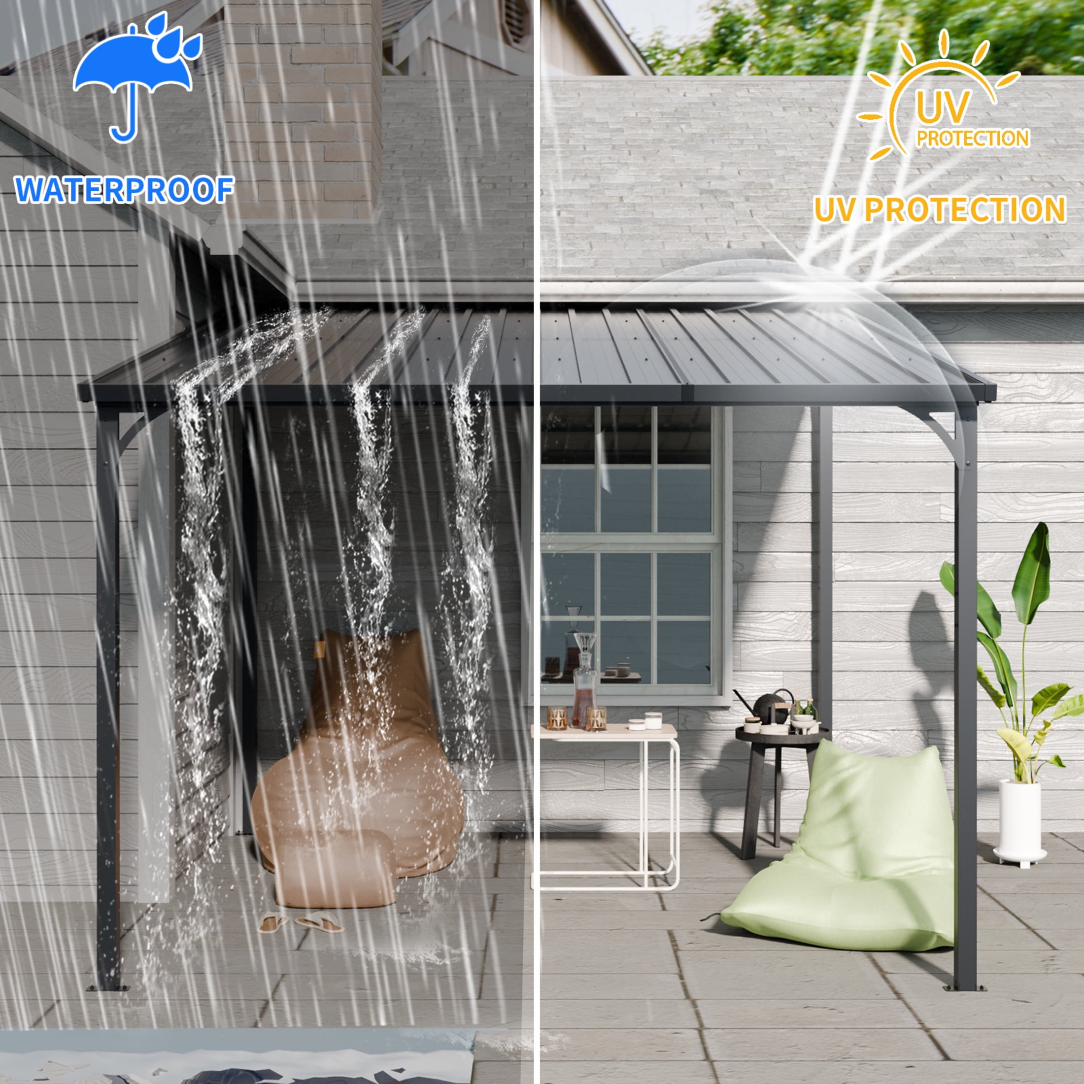 Noble House 10x10 FT Outdoor Hardtop Gazebo Pergola, Large Wall-Mounted Galvanized Steel Lean-To Carport, Black