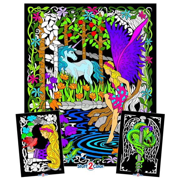 Stuff2Color Fairy Unicorn - Fuzzy Coloring Posters (3-Pack) with 1 Large + 2 Small Designs to Color