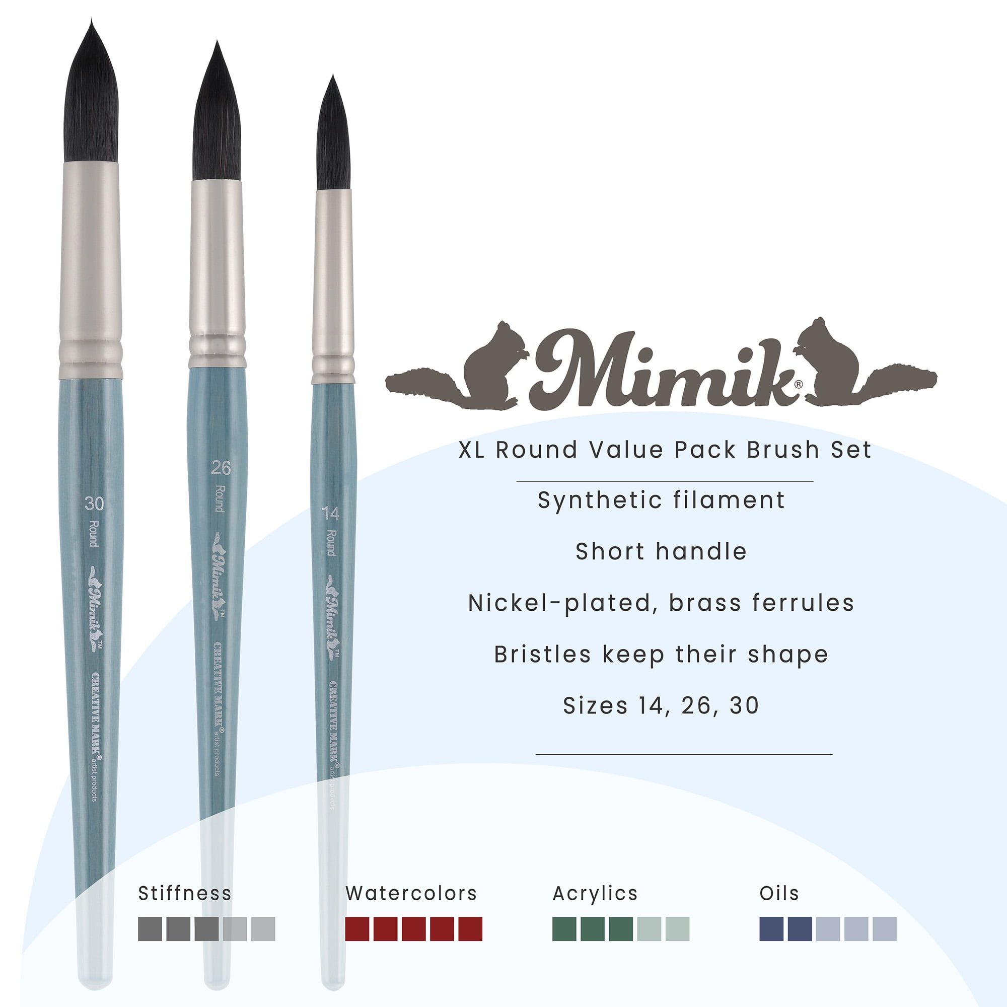Creative Mark Mimik Professional Watercolor Brushes - XL Round Set of 3  - Synthetic Squirrel Hair - Natural Bristle Artist Brushes for Watercolors, Gouache & Acrylics - Imitates Natural Squirrel and