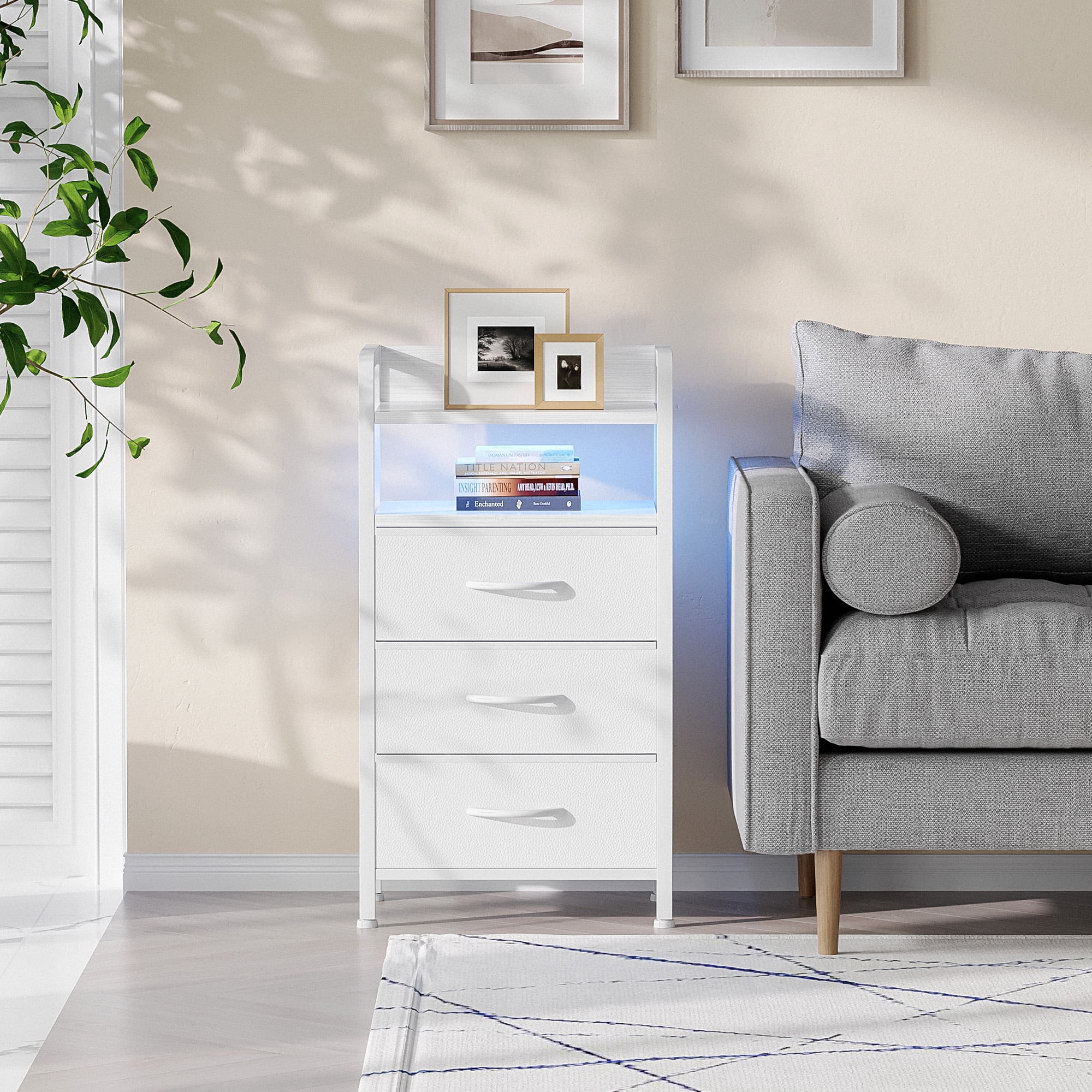 Bestco LED Nightstand End Table with Charging Station & 3 Drawers for Bedroom White