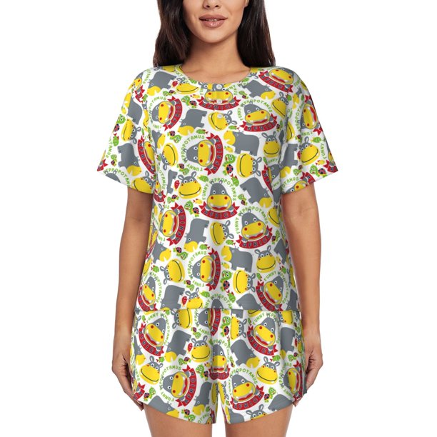 Balery Hippopotamus Conjunto de Pijama para Mujer con Estampado, Dos Piezas de Manga Corta y Shorts, Ropa de Dormir Suave con Cuello Redondo y Bolsillos-Large