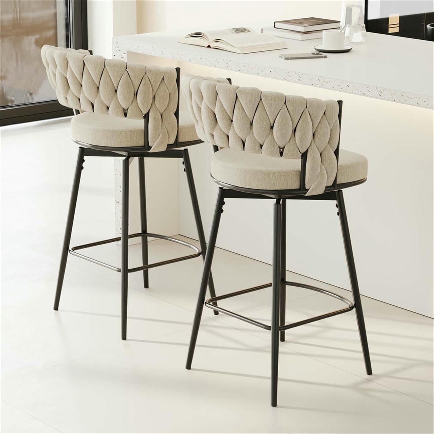 Demi Bonn 35" Counter Height Bar Stools Set of 2, Swivel Barstools with Soft Cushioned Back, Kitchen Island Countertop Chairs for Dining Room, Beige