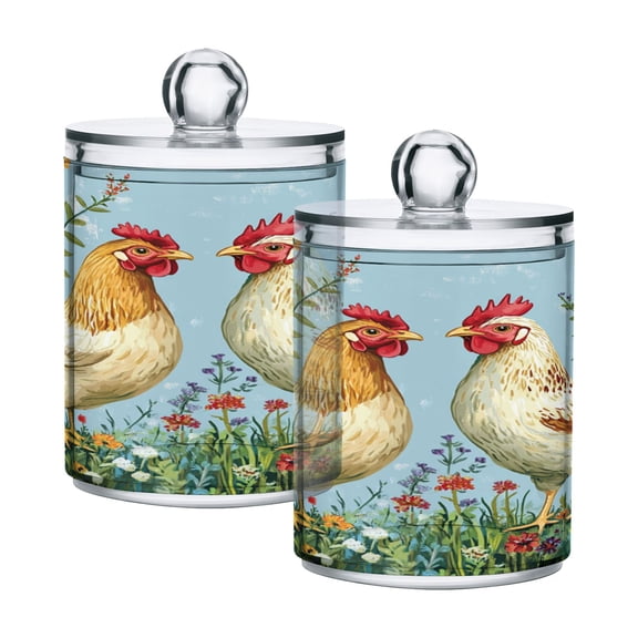 Two Chickens on Meadow Florals Translucent Plastic Cans Storage Canisters with Lid Set of 2