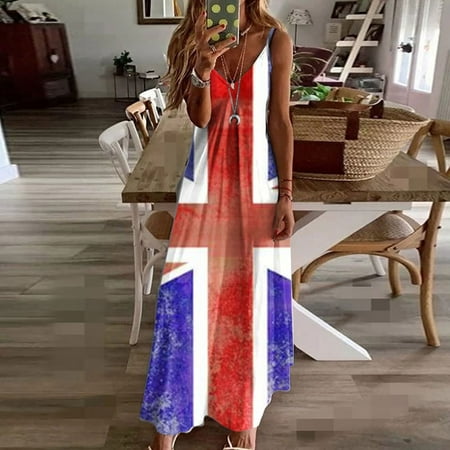 

Hvyesh Summer Dresses Women 2023 Casual Elegant Long Dress USA Flag Print V Neck Sundresses Spaghetti Strap Sleeveless Flowy Dresses Red