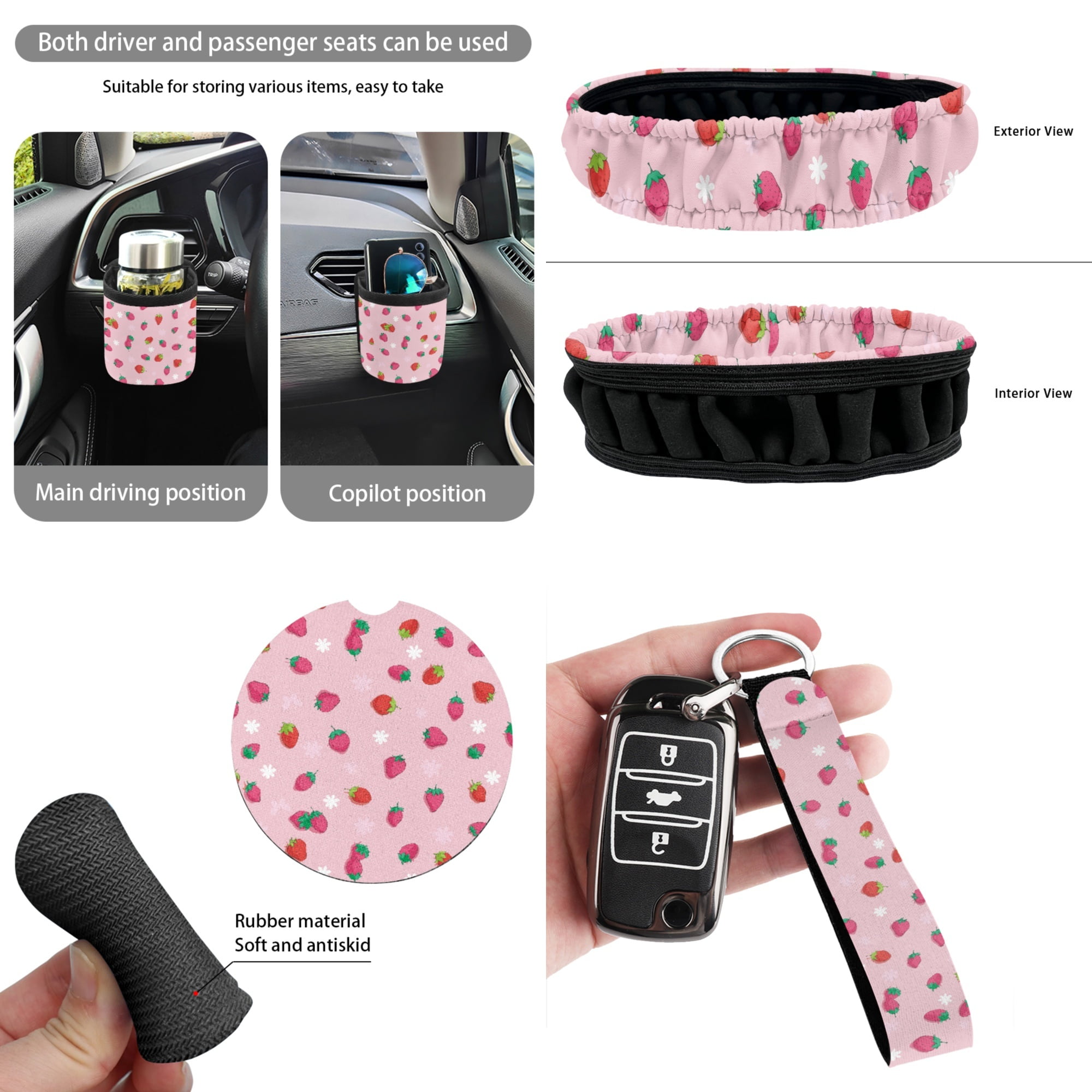 Yuyamidu Strawberry Car Seat Cover for Women Girls Pink Steering Wheel Cover Seat Belt Strap Pad Trash Bag Hanging Storage Bag Rearview Mirror Accessory Cup Holder Key Chain 15 Pieces