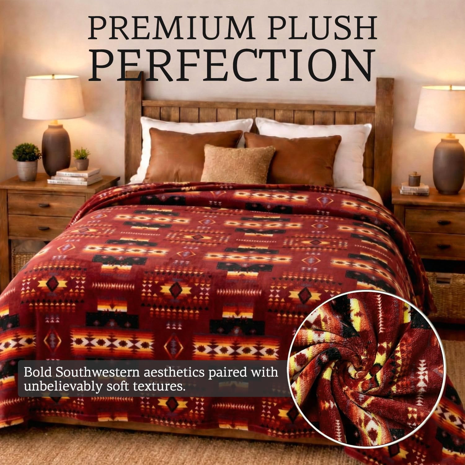 Sacred Thread Fleece Blanket South Western, Reversible Mexican, Vibrant Aztec Blankets and Throws for Aztec Decor for Home (Burgundy Flannel / Flannel) (Full (60''x80'')