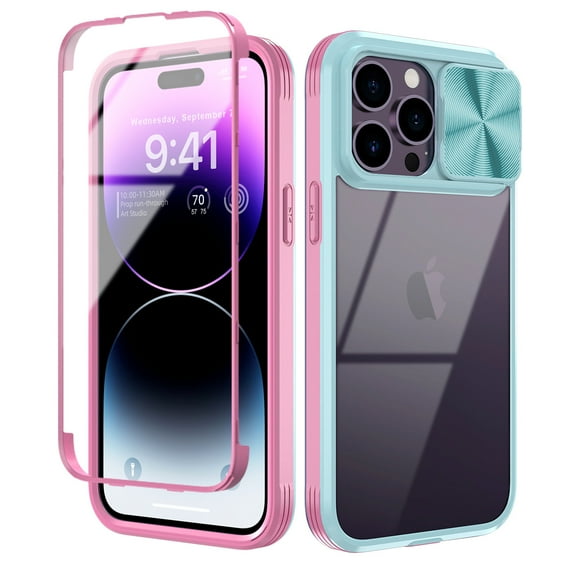 Htwon Slide Camera Lens Cover Protective Case for iPhone 14 Pro Magnetic Case with Built-in Screen Protector Shockproof Full Body Protective Cover, Pink