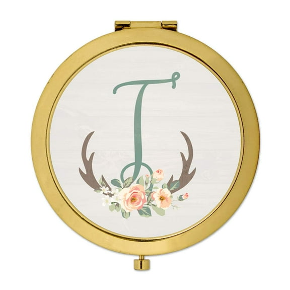 Koyal Wholesale Gold Compact Mirror Bridesmaid's Wedding Gift, Floral Rustic Deer Antlers, Monogram Letter T, 1-Pack