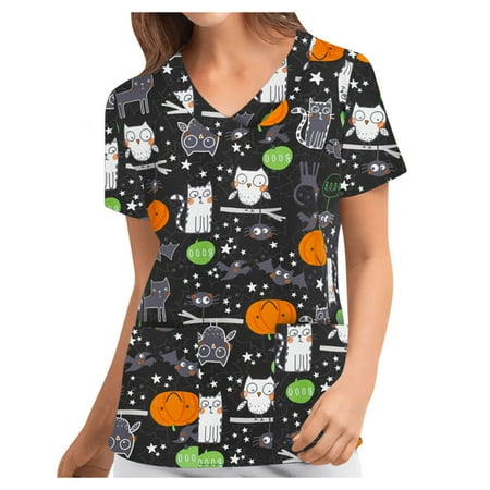 

Holiday Scrub Tops Women Witch Printed Nurse Uniforms Womens V Neck Medical Top Short Sleeve Work Shirts with Pockets