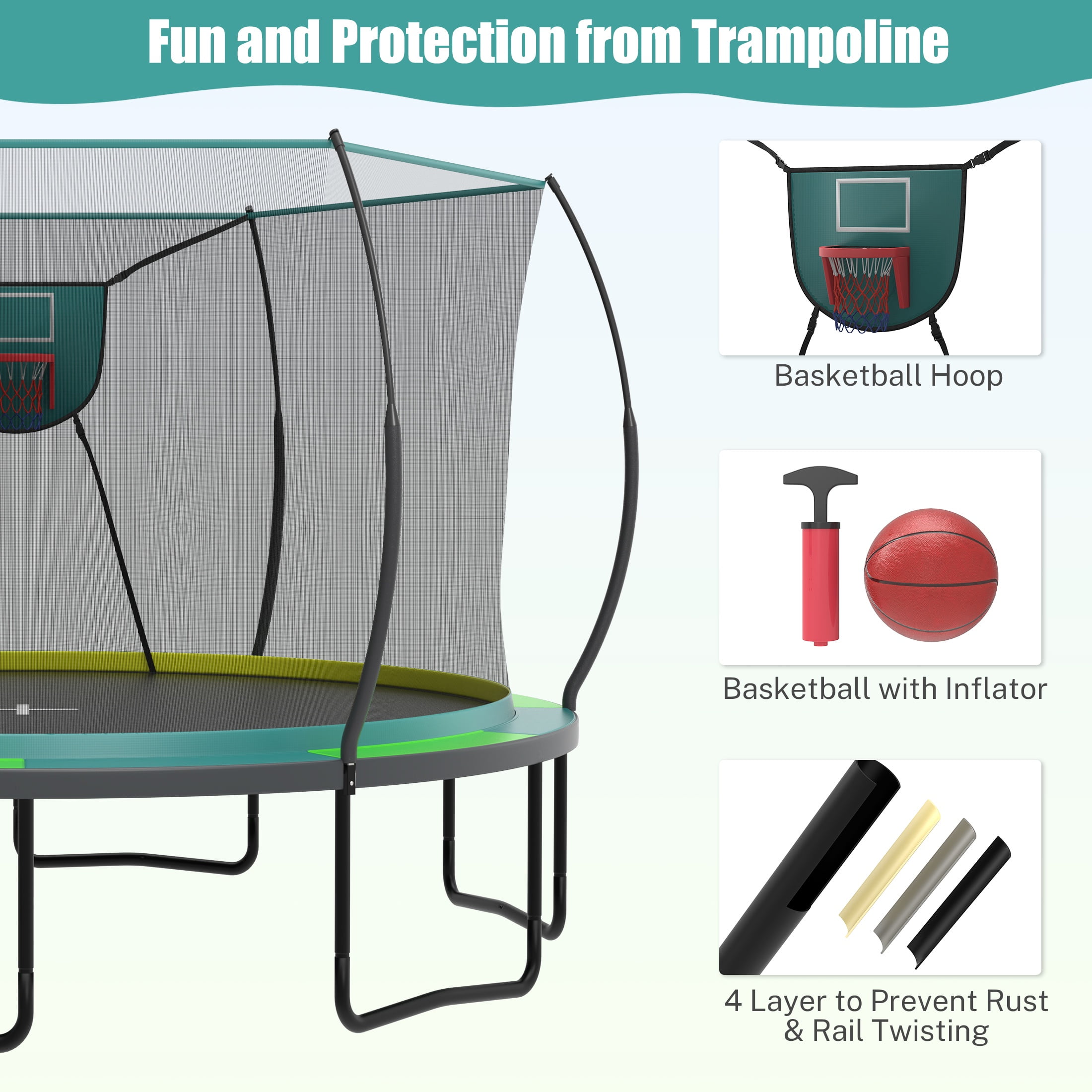 14 Ft Trampoline for Kids and Adults, Outdoor Trampoline with Fiberglass Rods and Smart Zipper System Zero Gaps, Segmart Recreational Trampoline with Enclosure Net, 880LBS Heavy Duty Trampoline