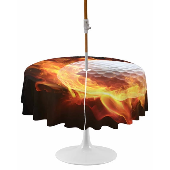 Golf Ball Round Outdoor Tablecloth, Waterproof Table Cloth Cover with Umbrella Hole and Zipper, Sport Modern Glowing Burning Classic Art Table Protector for Patio Party Picnic 60" Round